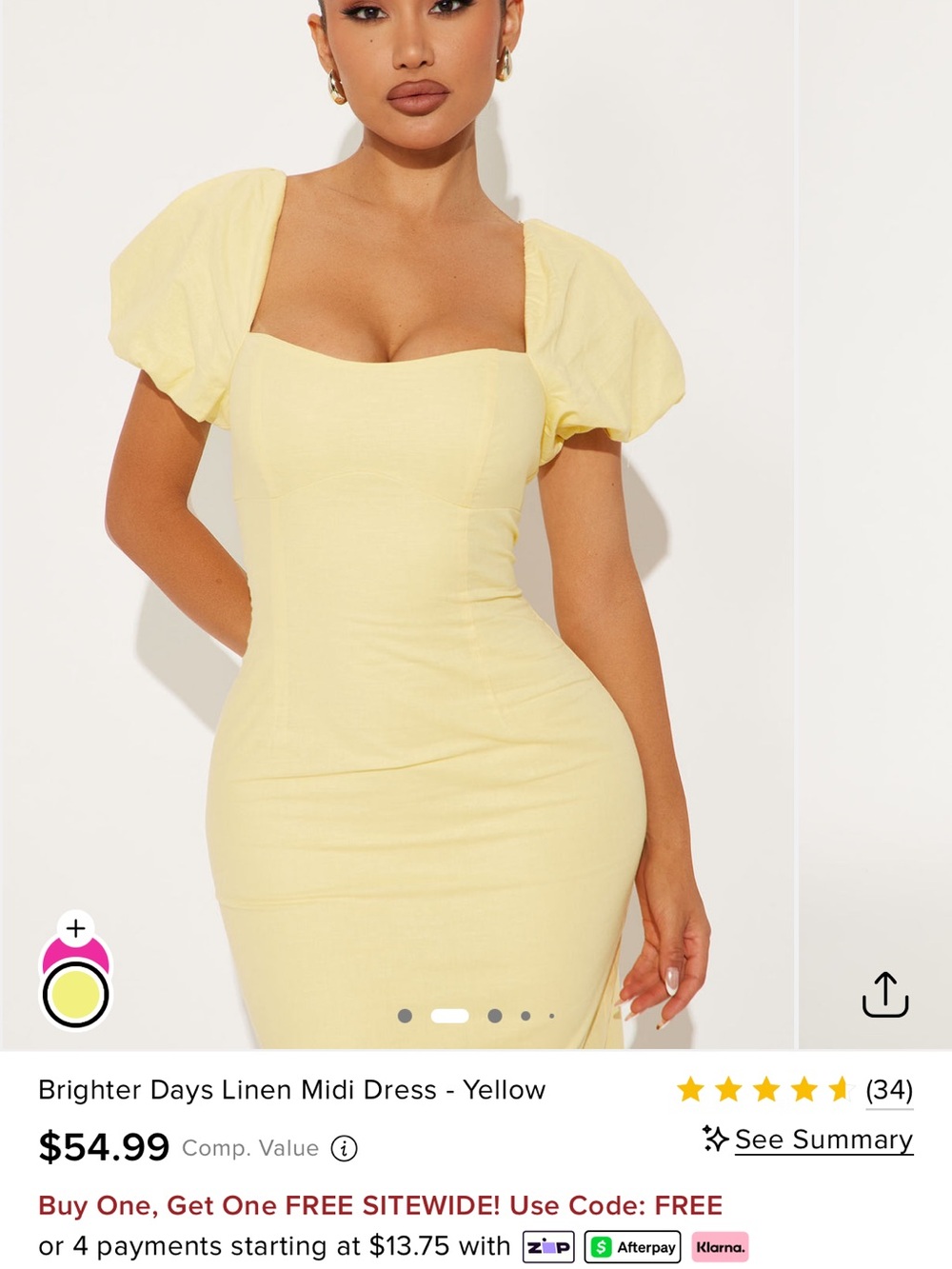 Fashion Nova Brighter Days Puff-Sleeve Linen Midi Dress in Yellow